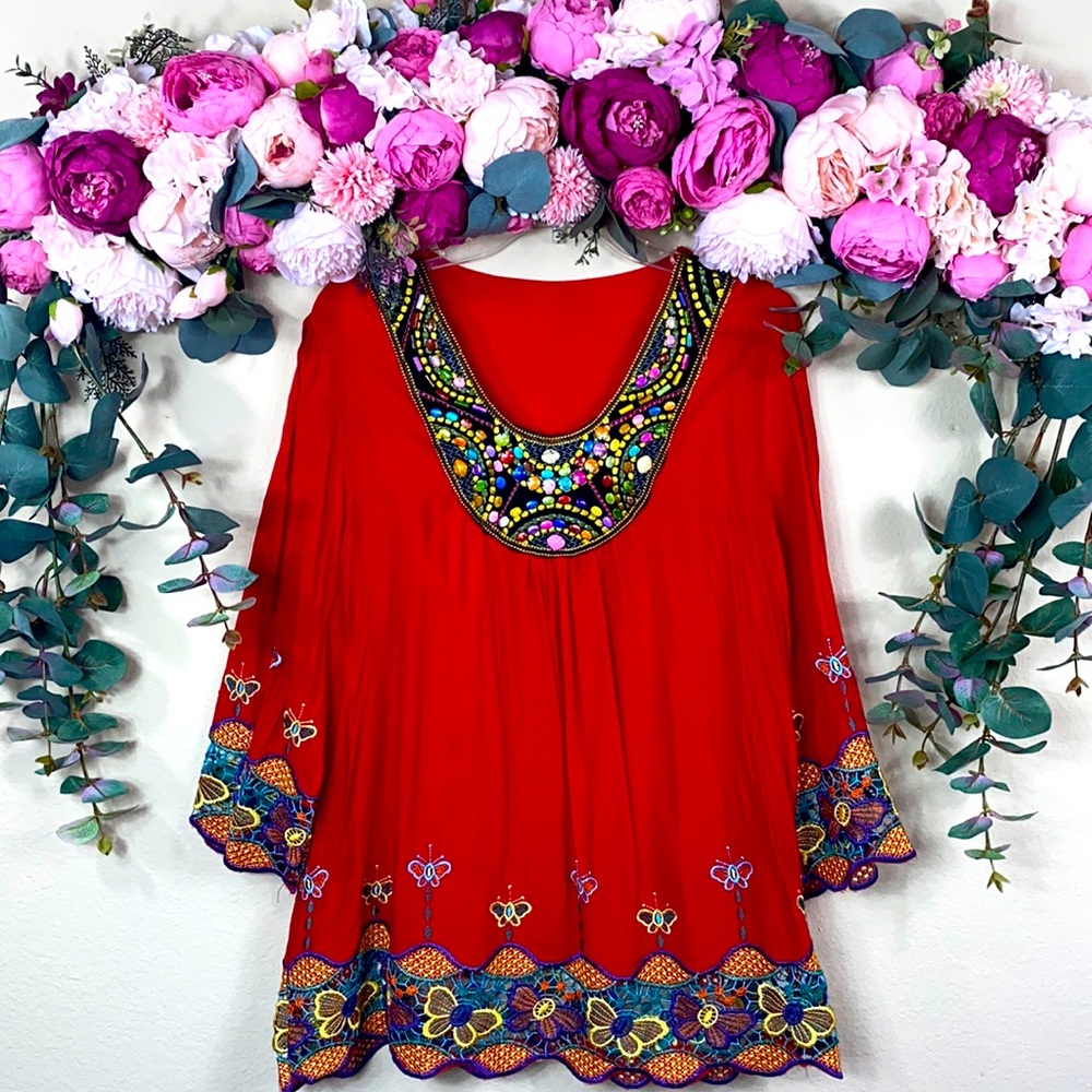 •mexican• Begemmed Sanguine Bell-Sleeved Blouse w Butterfly Crochet & Embroidery